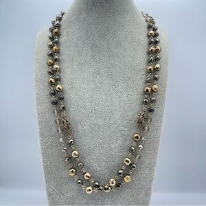 52” Long Faceted Glass Bead Necklace Bronze Gold & Smoky Crystal Layering Strand